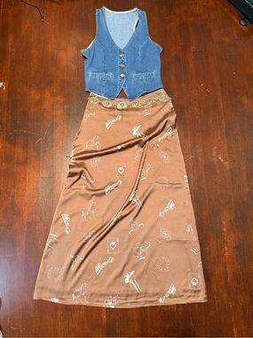Brown Satin Western Print Maxi Skirt Size M